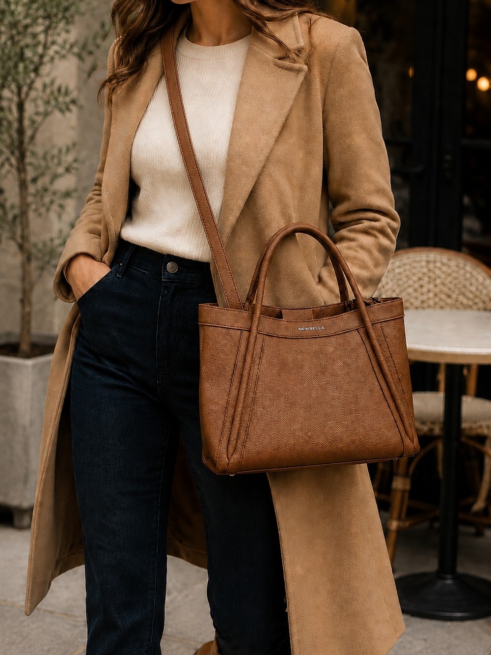 Vegan Pebble Leather Brown Tote with Top Handles and Shoulder Strap And Pouch